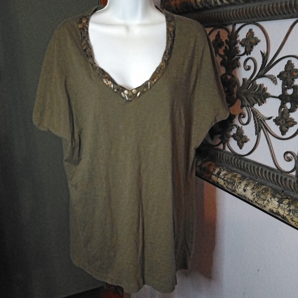 Metallic Embellished Eddie Bauer V-Neck Knit Top- olive Sz XXL